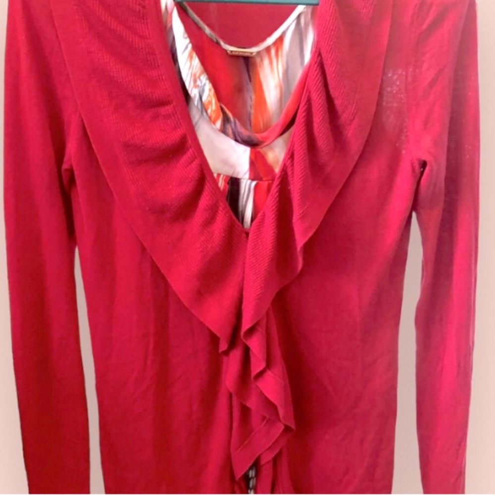 ELIE TAHARI red cashmere/silk cardigan with riffled trim • size: S
